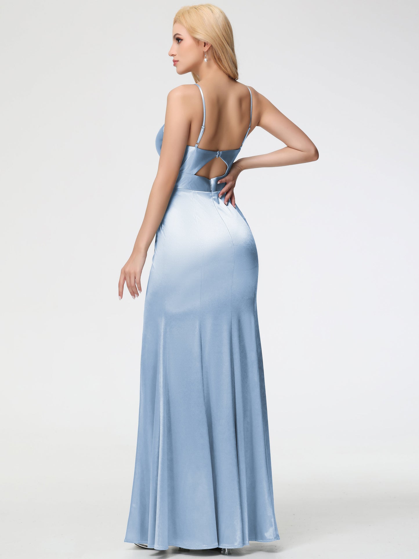 Sky Blue Bridesmaid Dresses Spaghetti Straps V-Neck Sheath Stretch Satin Bridesmaid Dress With Split