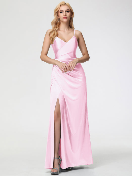 Blush Pink Bridesmaid Dresses Spaghetti Straps V-Neck Floor Length Stretch Satin Bridesmaid Dress With Slit