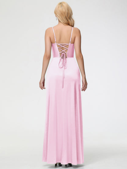 Blush Pink Bridesmaid Dresses Spaghetti Straps V-Neck Floor Length Stretch Satin Bridesmaid Dress With Slit