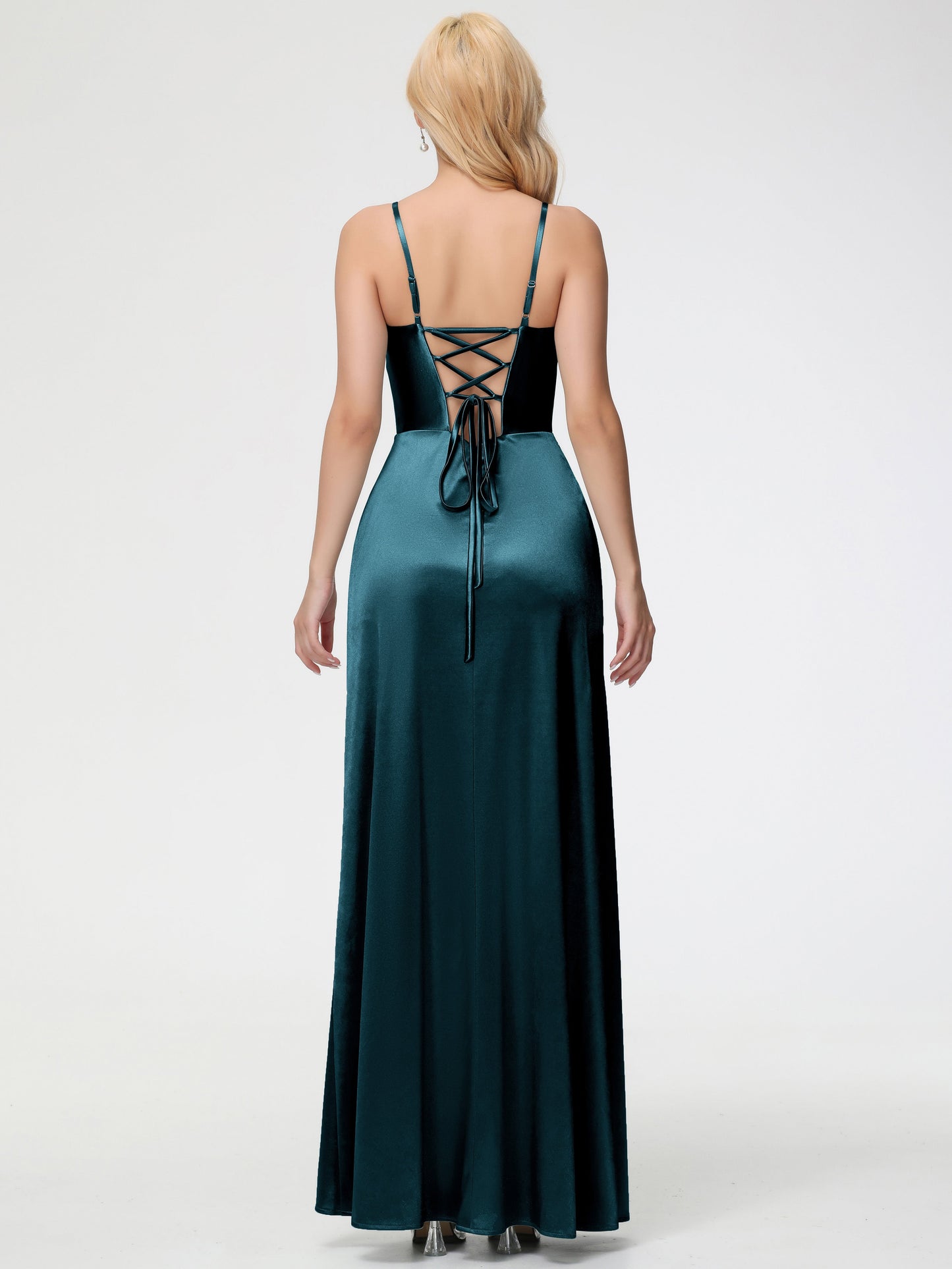 Bridesmaid Dresses Peacock Spaghetti Straps V-Neck Floor Length Stretch Satin Bridesmaid Dress With Slit
