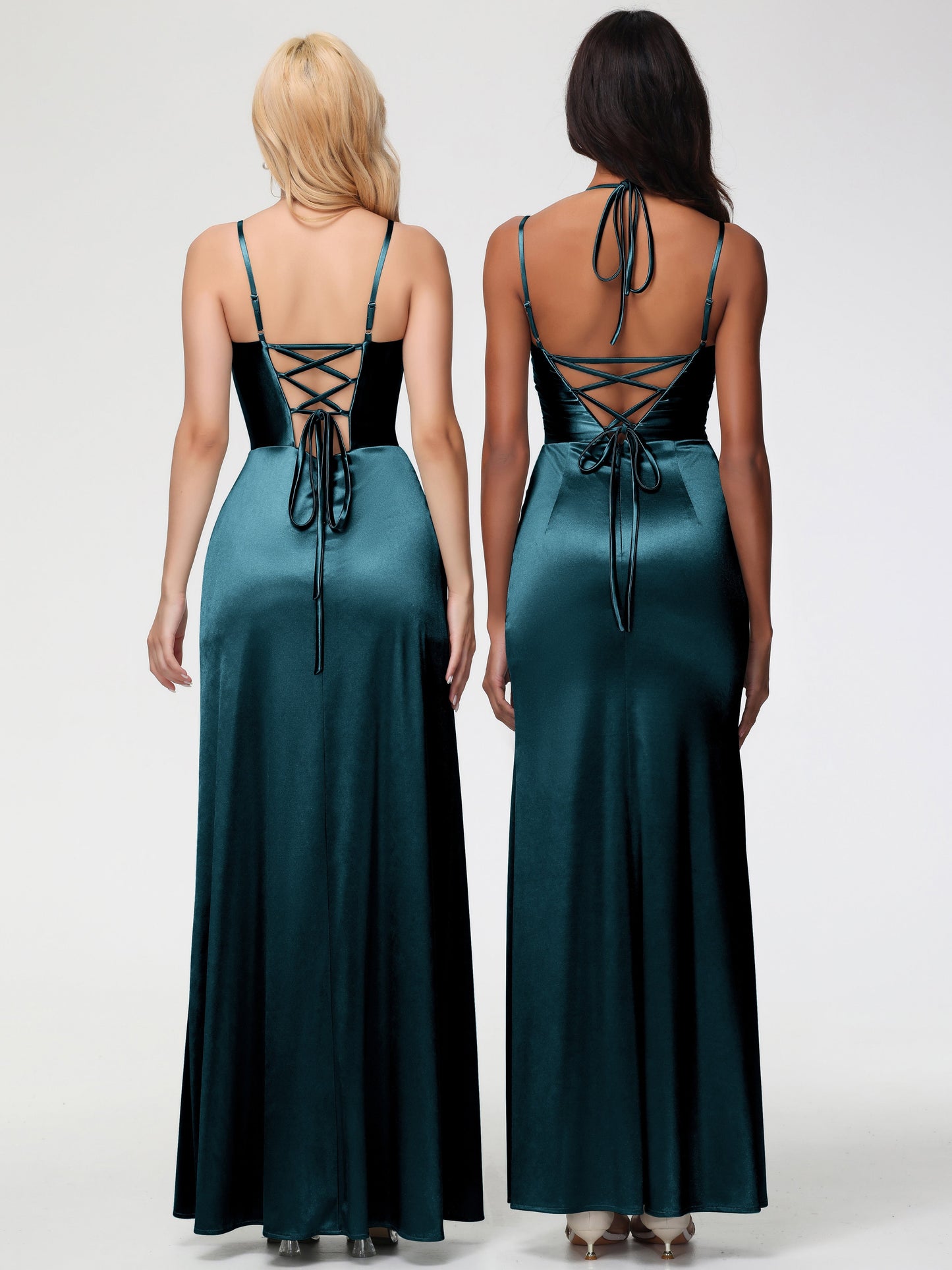 Bridesmaid Dresses Peacock Spaghetti Straps V-Neck Floor Length Stretch Satin Bridesmaid Dress With Slit