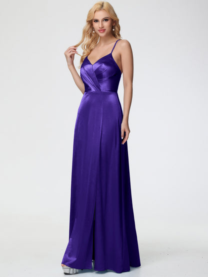 Regency Bridesmaid Dresses Spaghetti Straps V-Neck Pleated Open Back Stretch Satin Bridesmaid Dress With Slit