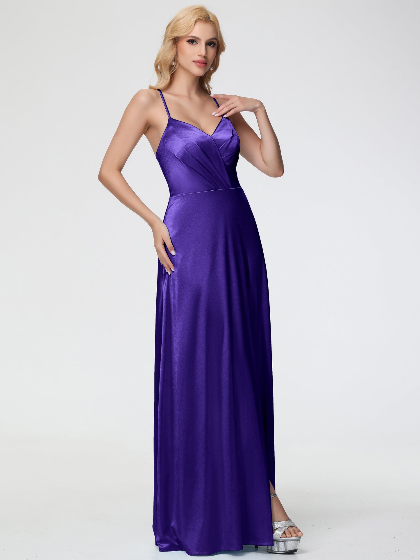 Regency Bridesmaid Dresses Spaghetti Straps V-Neck Pleated Open Back Stretch Satin Bridesmaid Dress With Slit