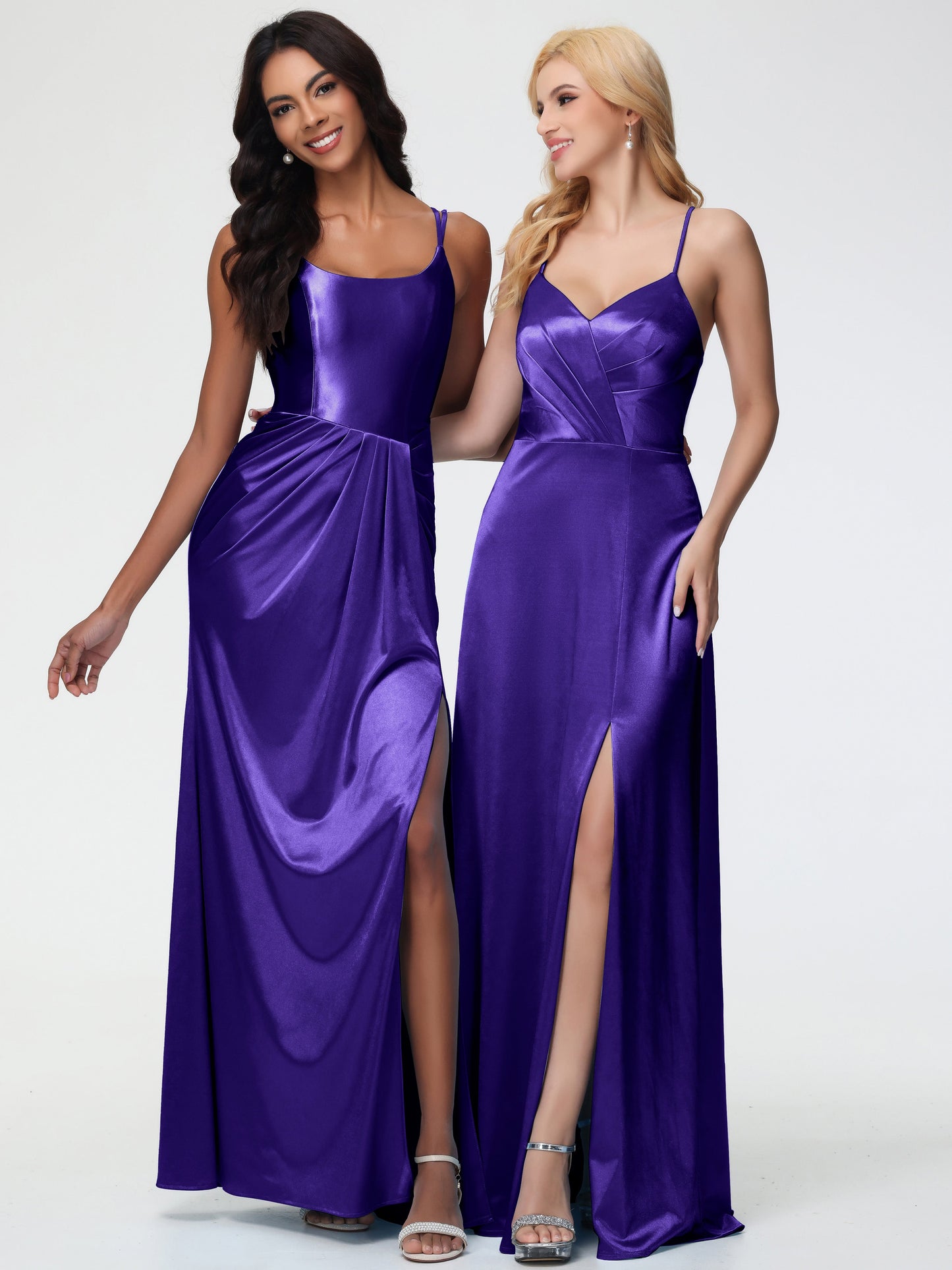 Regency Bridesmaid Dresses Spaghetti Straps V-Neck Pleated Open Back Stretch Satin Bridesmaid Dress With Slit