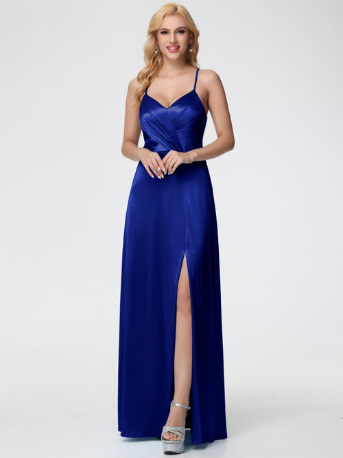 Royal Blue Bridesmaids Dresses Spaghetti Straps V-Neck Pleated Open Back Stretch Satin Bridesmaid Dress With Slit
