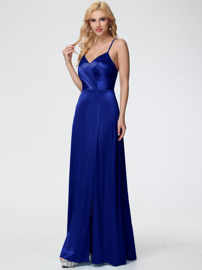 Royal Blue Bridesmaids Dresses Spaghetti Straps V-Neck Pleated Open Back Stretch Satin Bridesmaid Dress With Slit