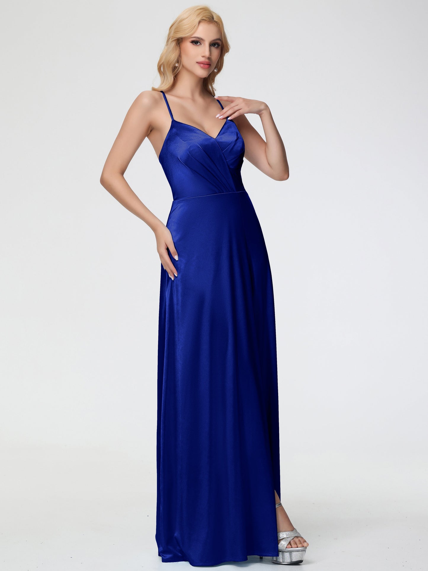 Royal Blue Bridesmaids Dresses Spaghetti Straps V-Neck Pleated Open Back Stretch Satin Bridesmaid Dress With Slit