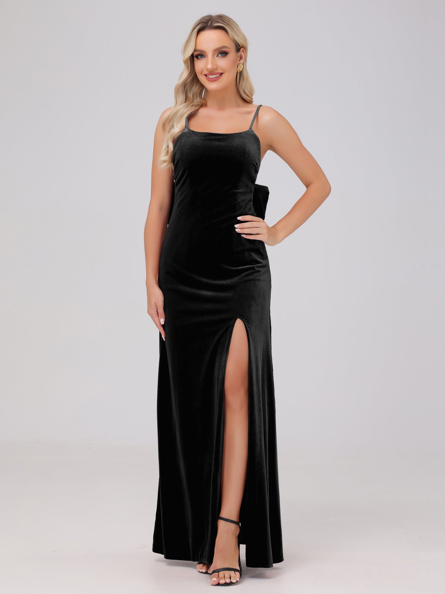 Spaghetti Straps Back Bowknot Velvet Bridesmaid Dresses with Slit