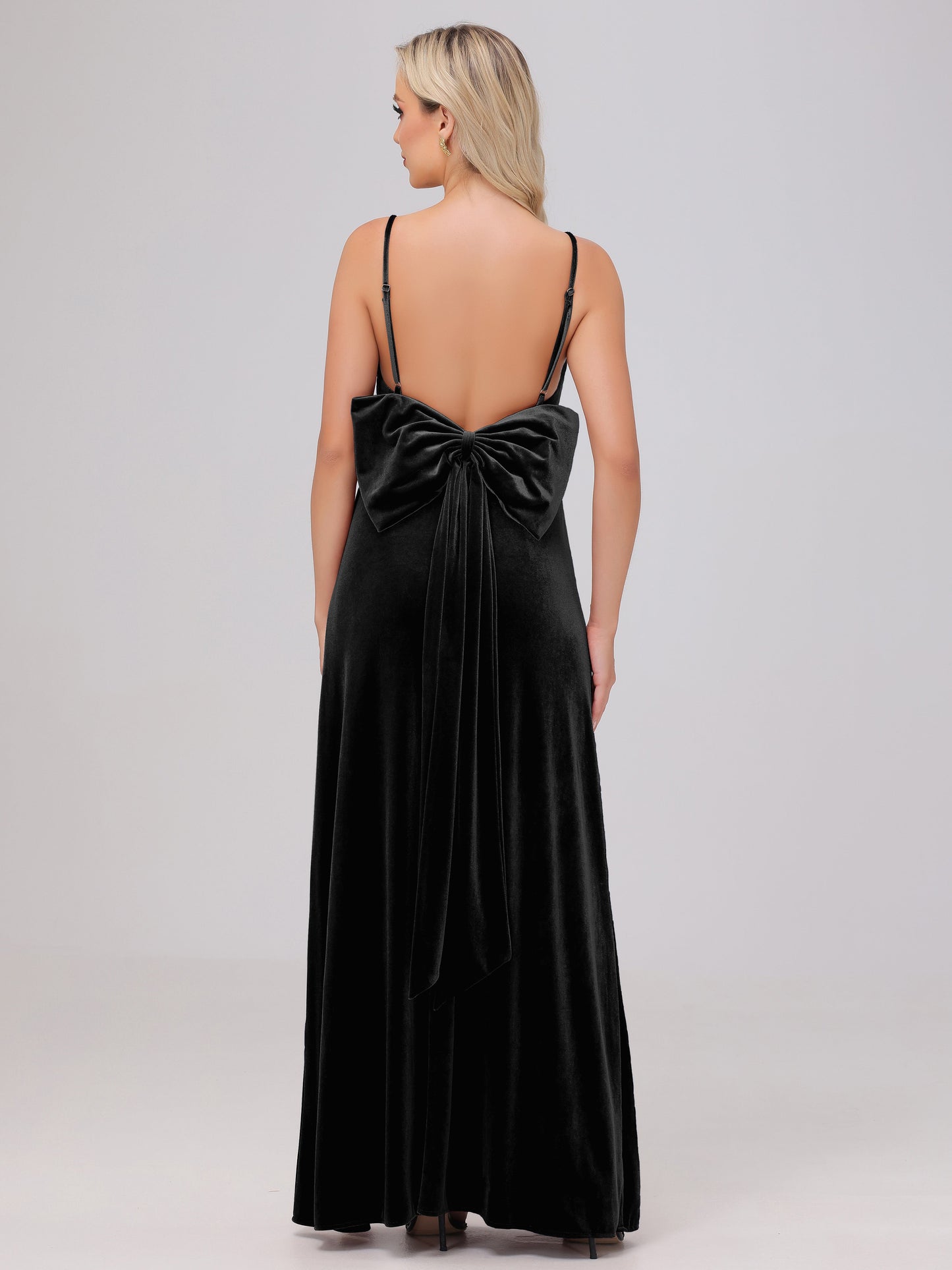 Spaghetti Straps Back Bowknot Velvet Bridesmaid Dresses with Slit
