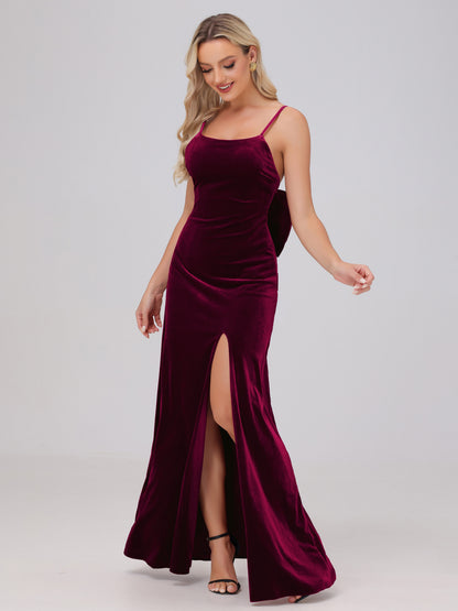 Spaghetti Straps Back Bowknot Velvet Bridesmaid Dresses with Slit