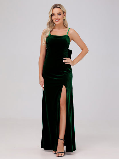 Spaghetti Straps Back Bowknot Velvet Bridesmaid Dresses with Slit