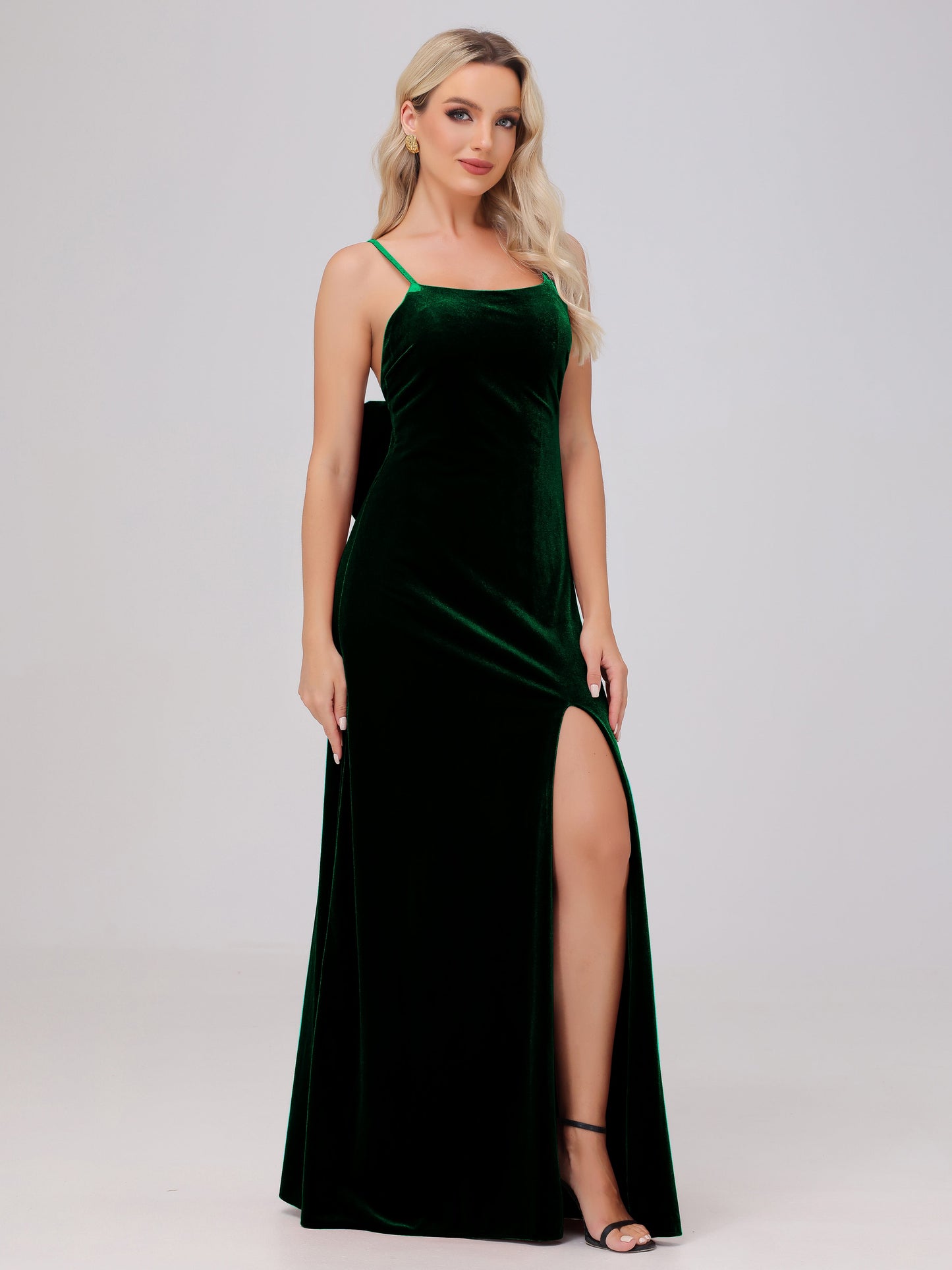 Spaghetti Straps Back Bowknot Velvet Bridesmaid Dresses with Slit