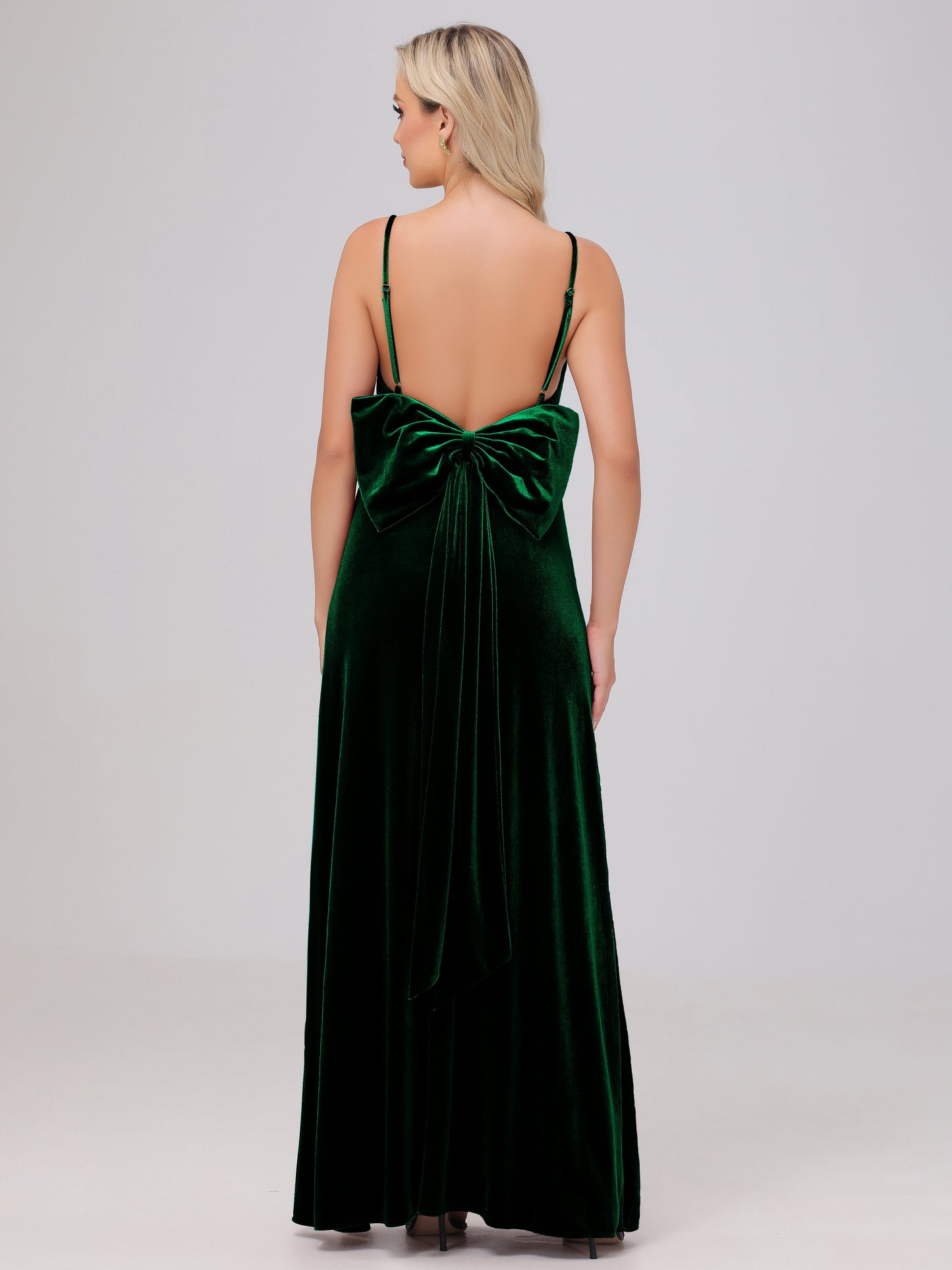 Spaghetti Straps Back Bowknot Velvet Bridesmaid Dresses with Slit
