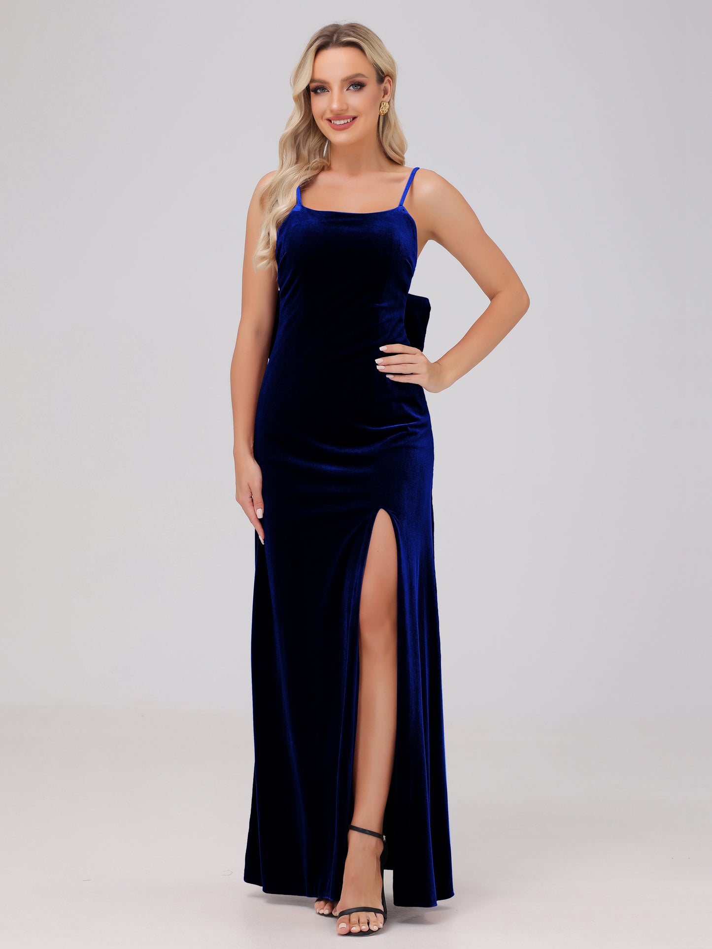 Spaghetti Straps Back Bowknot Velvet Bridesmaid Dresses with Slit