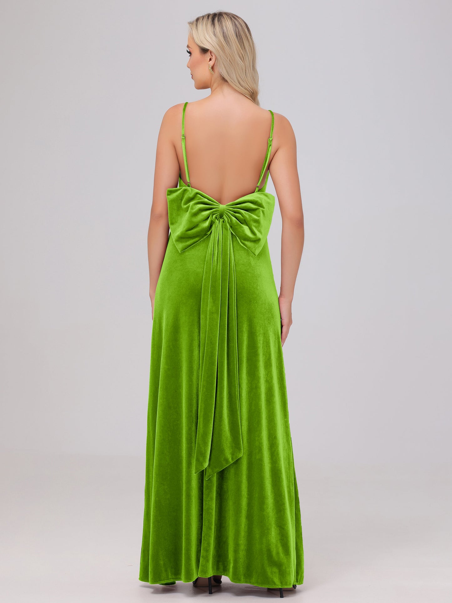 Spaghetti Straps Back Bowknot Velvet Bridesmaid Dresses with Slit