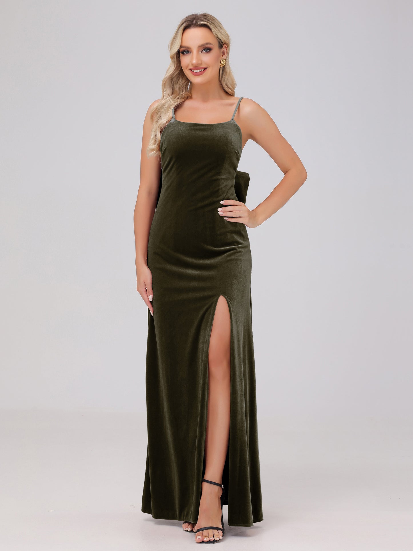 Spaghetti Straps Back Bowknot Velvet Bridesmaid Dresses with Slit