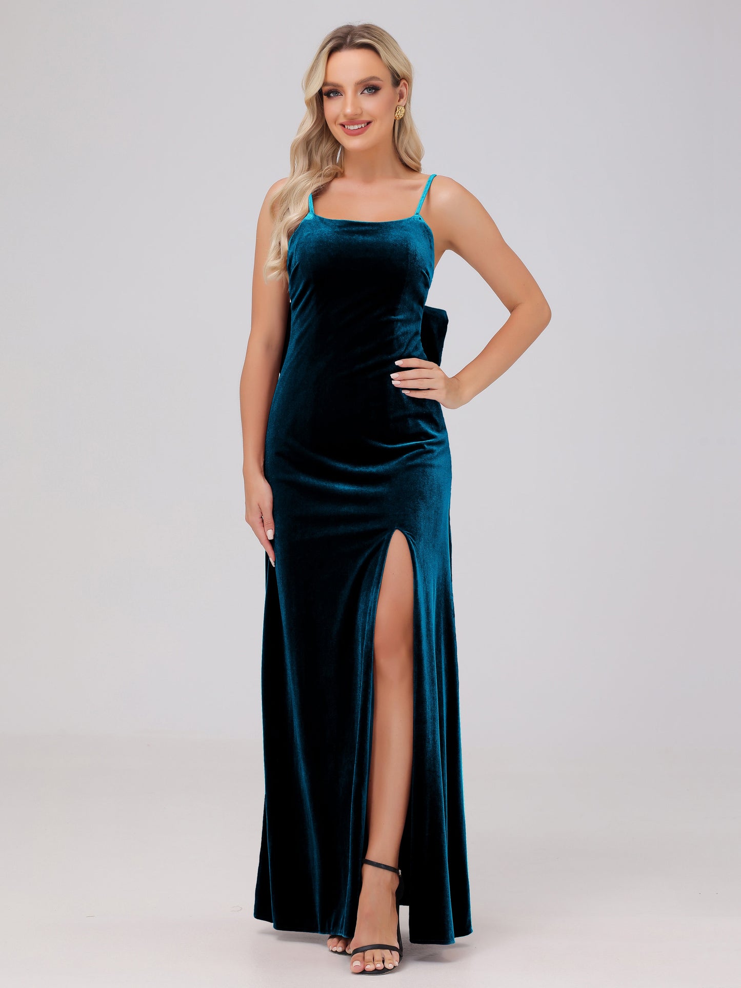 Spaghetti Straps Back Bowknot Velvet Bridesmaid Dresses with Slit