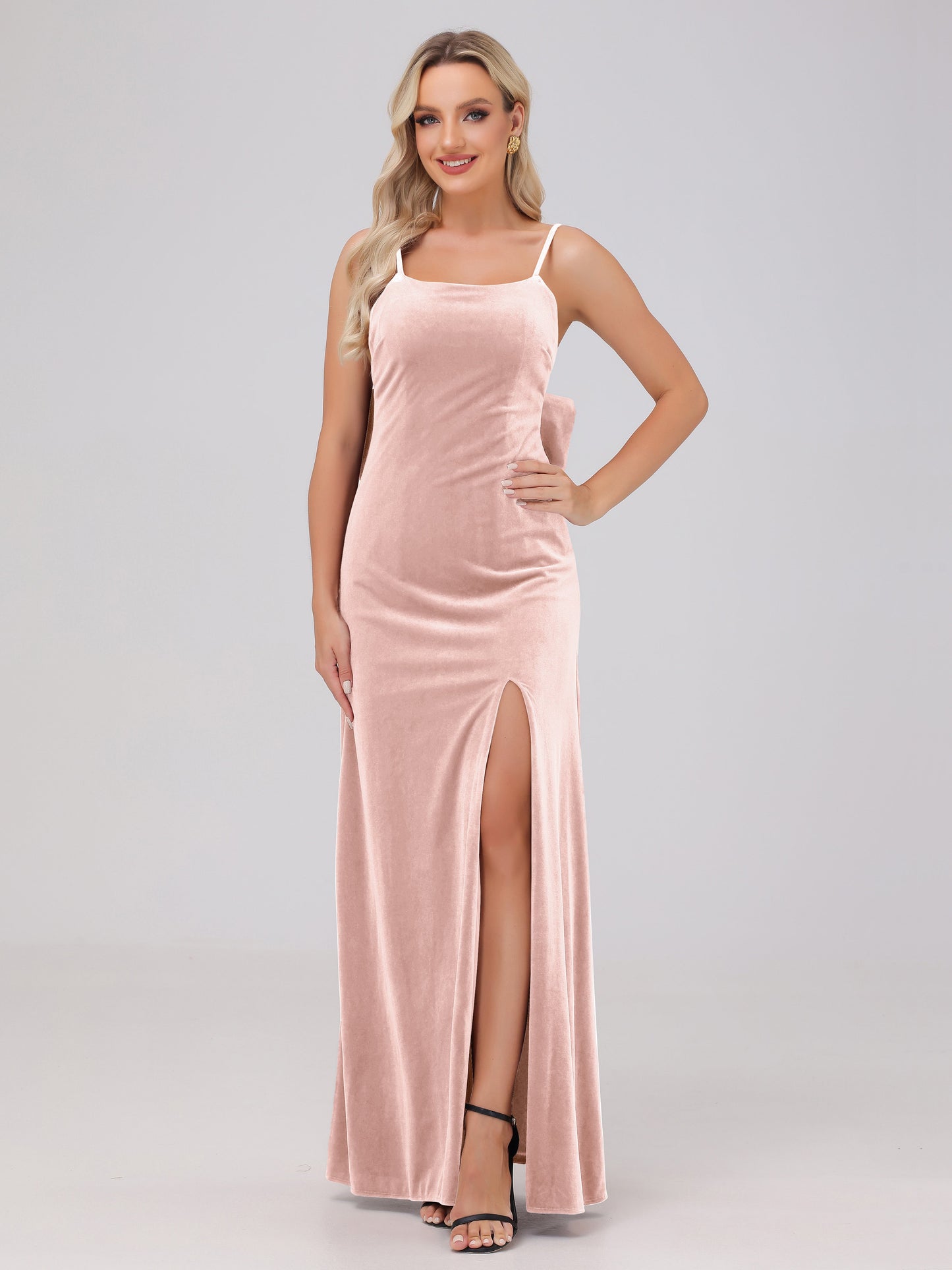 Spaghetti Straps Back Bowknot Velvet Bridesmaid Dresses with Slit
