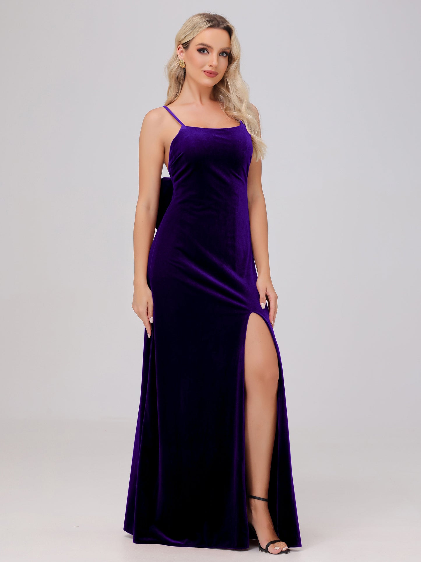 Spaghetti Straps Back Bowknot Velvet Bridesmaid Dresses with Slit