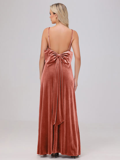 Spaghetti Straps Back Bowknot Velvet Bridesmaid Dresses with Slit