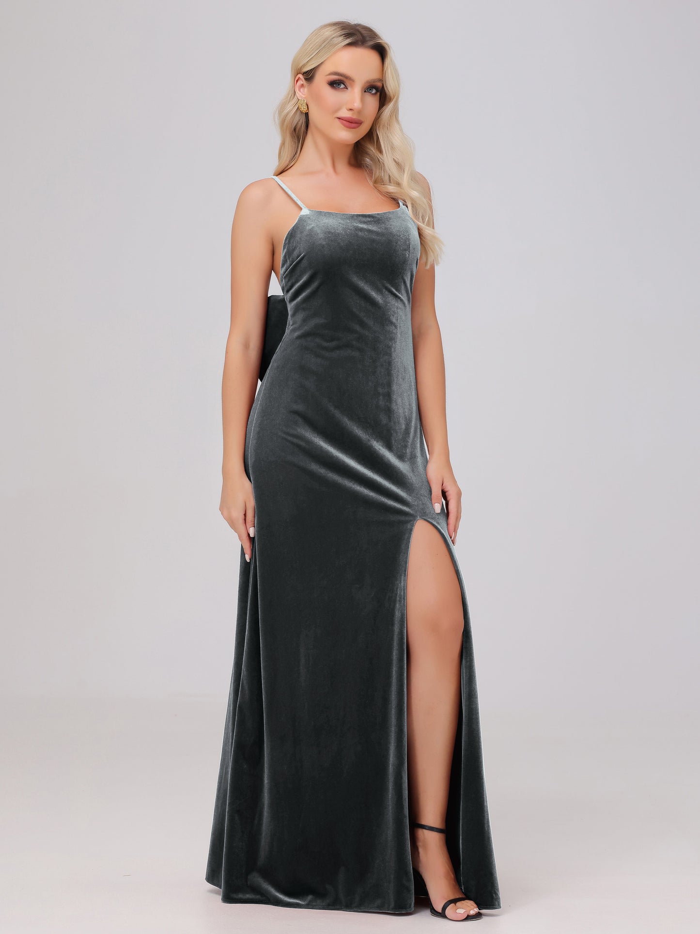 Spaghetti Straps Back Bowknot Velvet Bridesmaid Dresses with Slit