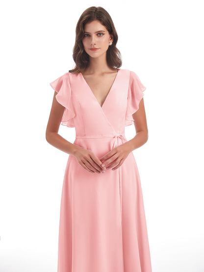 Stella Sheath Floor Length V-Neck Chiffon Bridesmaid Dresses
