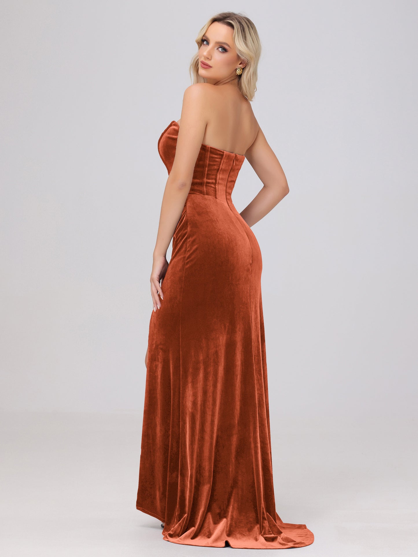 Strapless Sheath Ruched Velvet Bridesmaid Dresses with Slit