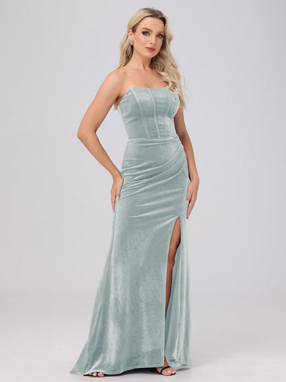 Strapless Sheath Ruched Velvet Bridesmaid Dresses with Slit