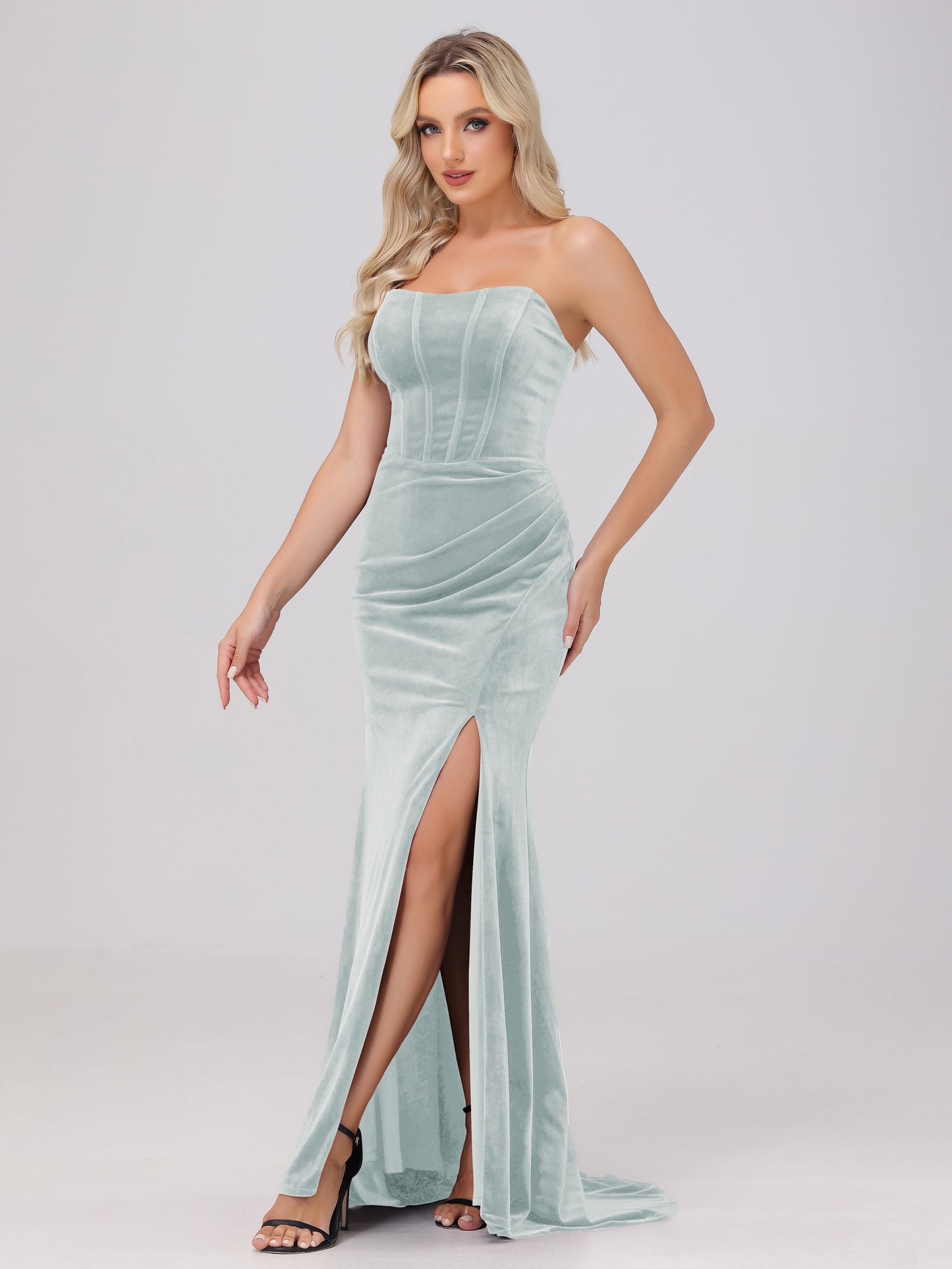 Strapless Sheath Ruched Velvet Bridesmaid Dresses with Slit