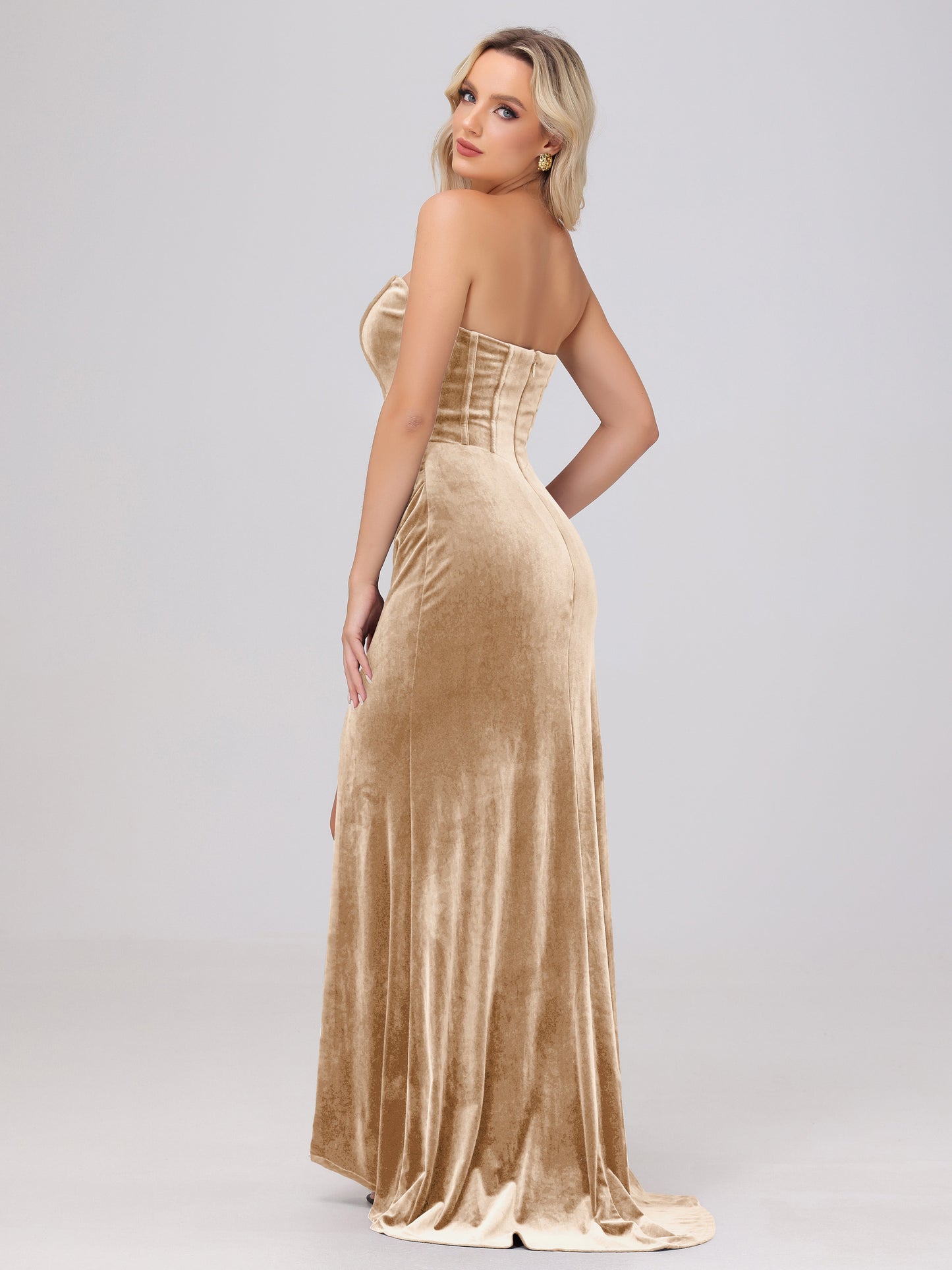 Strapless Sheath Ruched Velvet Bridesmaid Dresses with Slit