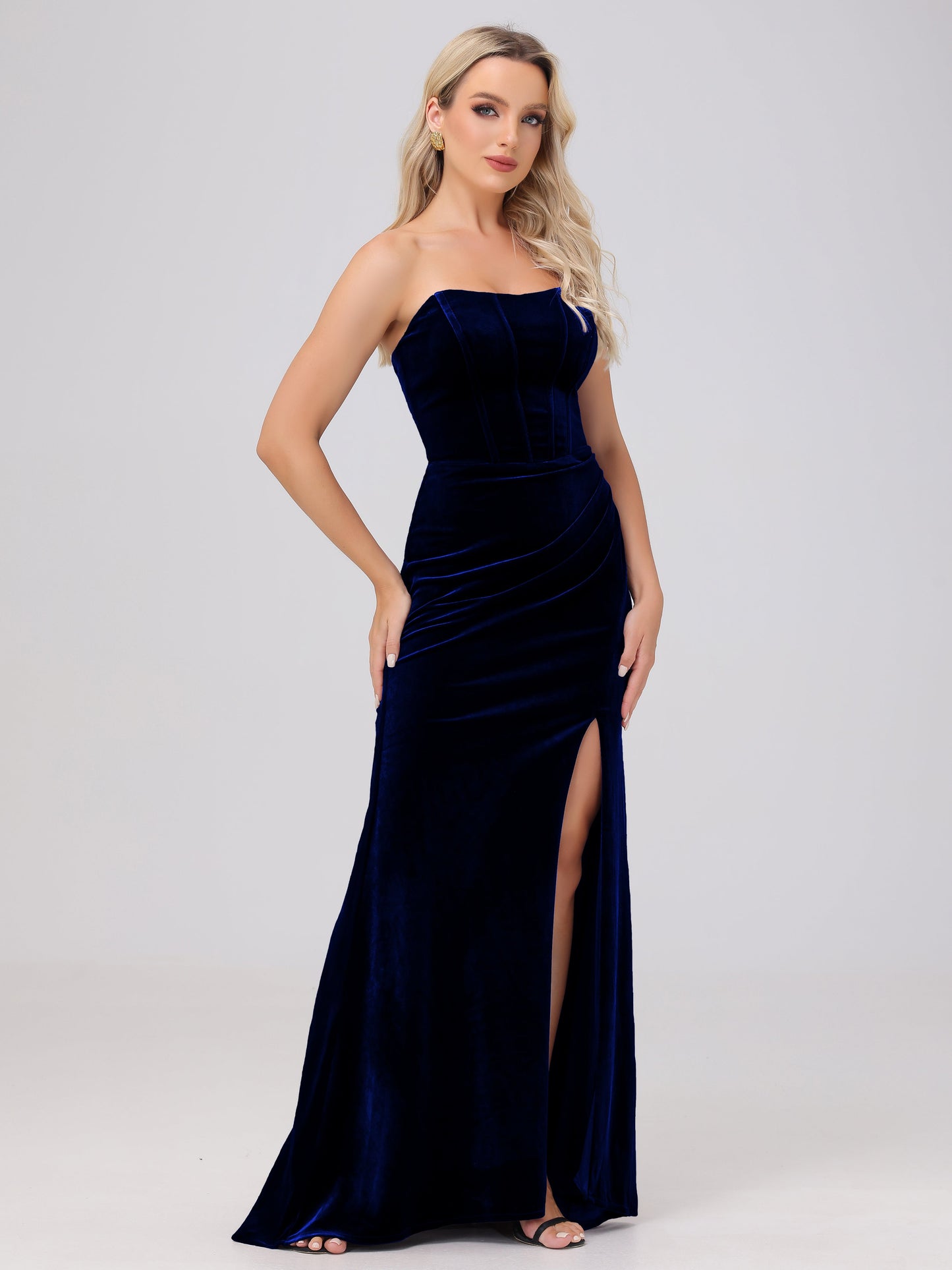 Strapless Sheath Ruched Velvet Bridesmaid Dresses with Slit
