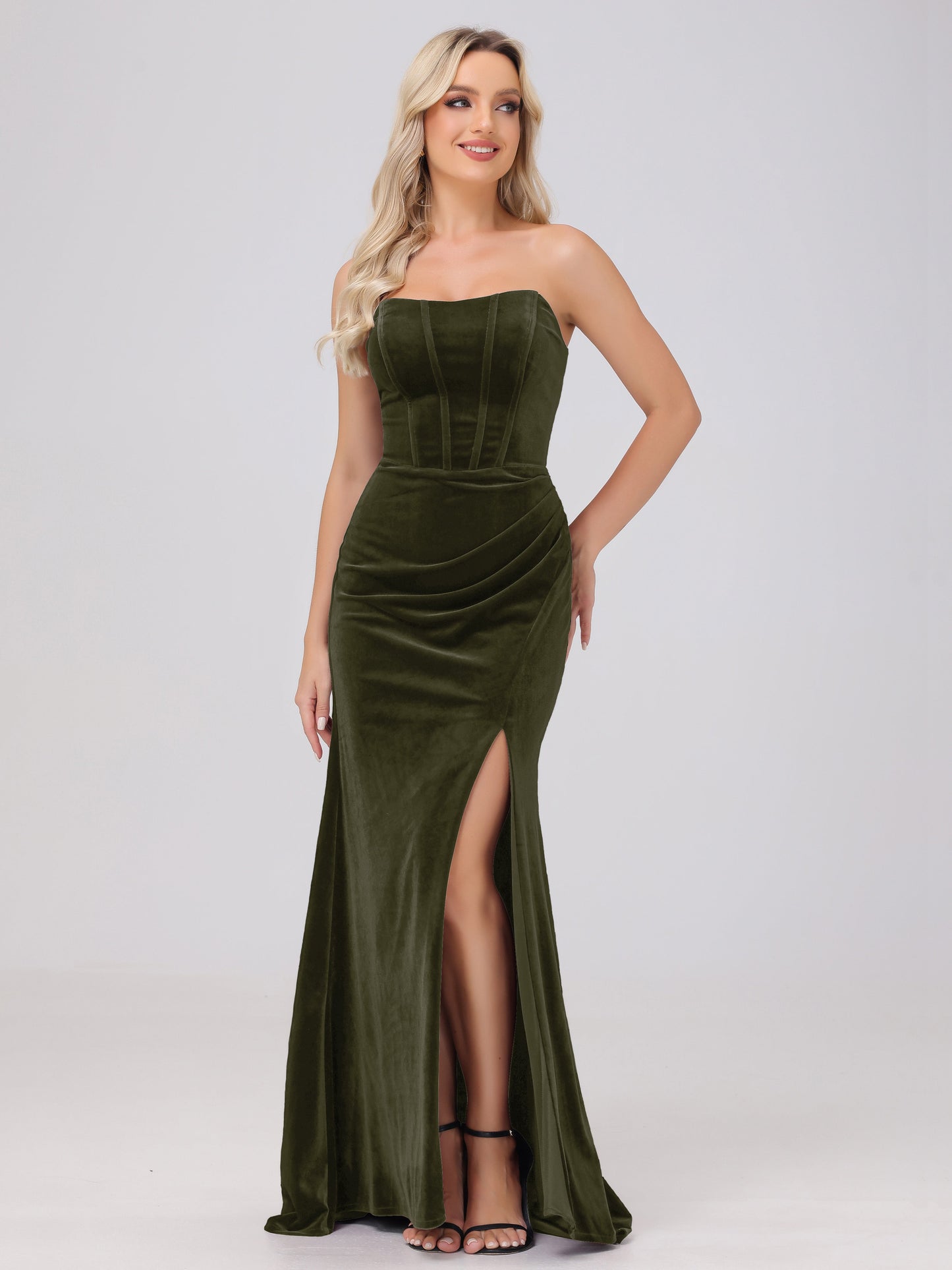 Strapless Sheath Ruched Velvet Bridesmaid Dresses with Slit