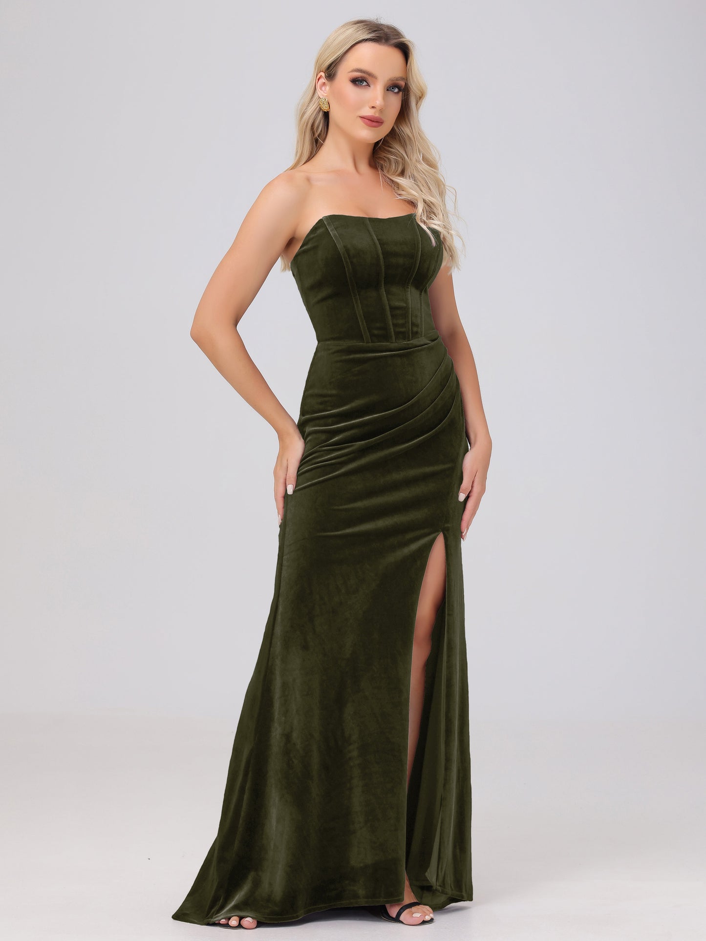 Strapless Sheath Ruched Velvet Bridesmaid Dresses with Slit