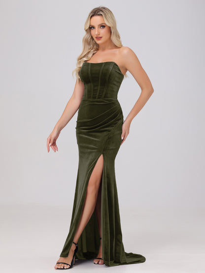 Strapless Sheath Ruched Velvet Bridesmaid Dresses with Slit