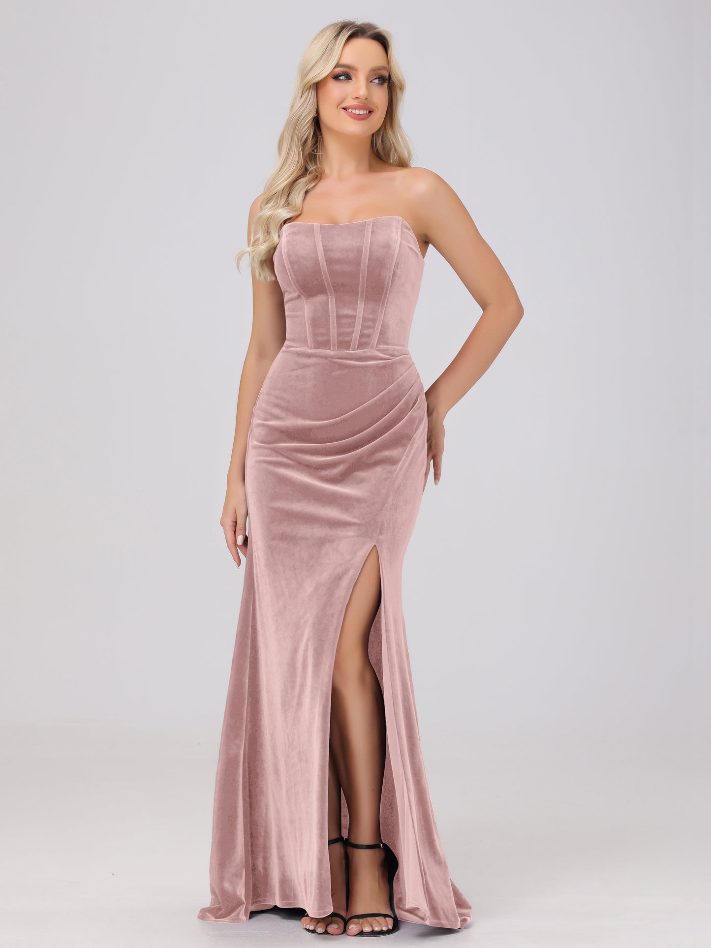Strapless Sheath Ruched Velvet Bridesmaid Dresses with Slit