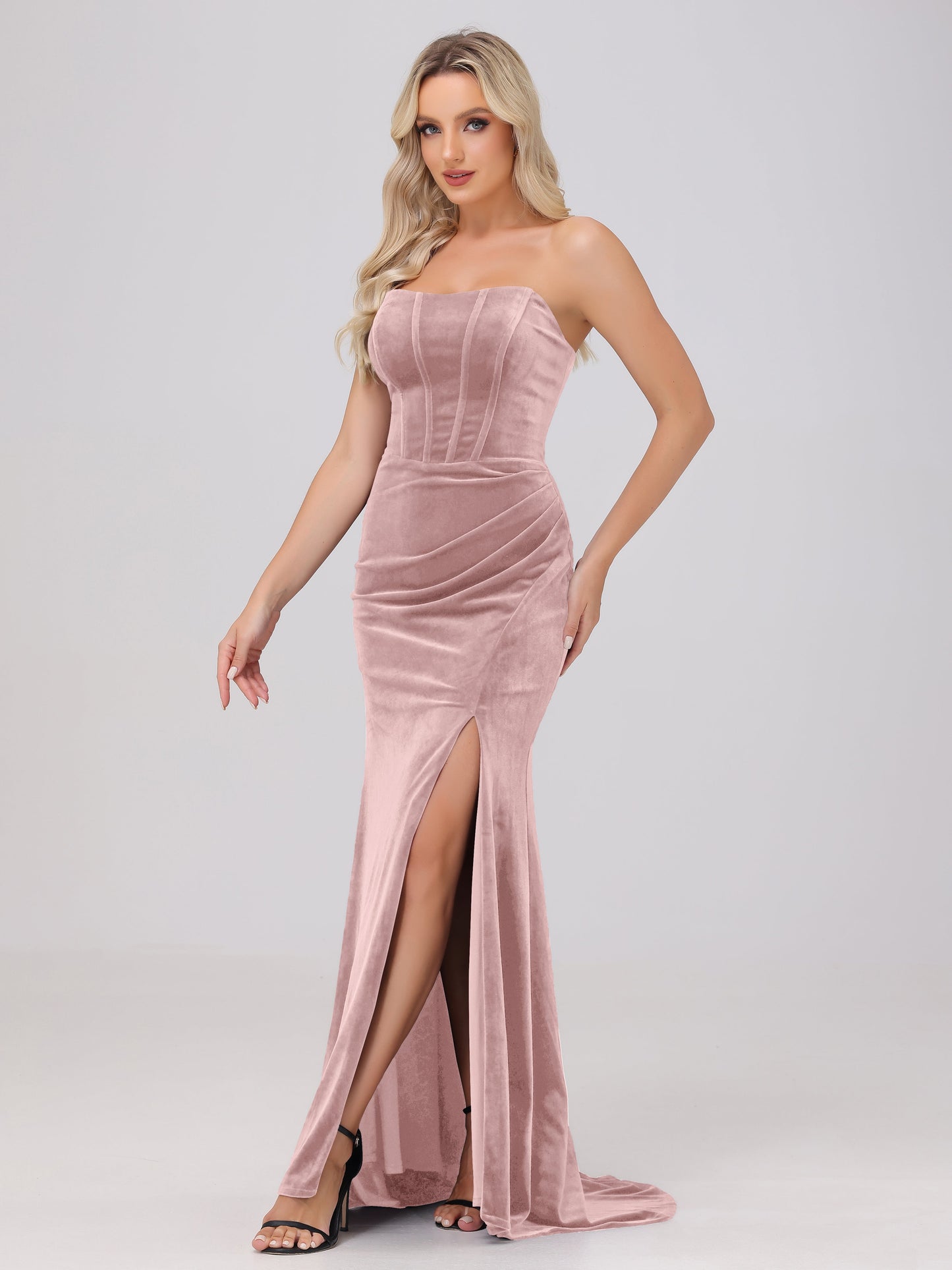 Strapless Sheath Ruched Velvet Bridesmaid Dresses with Slit