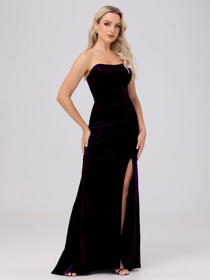Strapless Sheath Ruched Velvet Bridesmaid Dresses with Slit