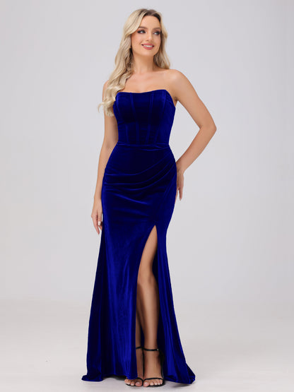Strapless Sheath Ruched Velvet Bridesmaid Dresses with Slit