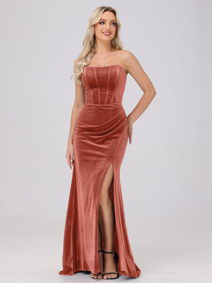 Strapless Sheath Ruched Velvet Bridesmaid Dresses with Slit