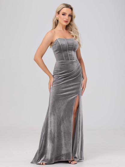 Strapless Sheath Ruched Velvet Bridesmaid Dresses with Slit