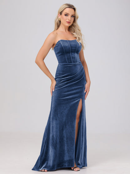Strapless Sheath Ruched Velvet Bridesmaid Dresses with Slit