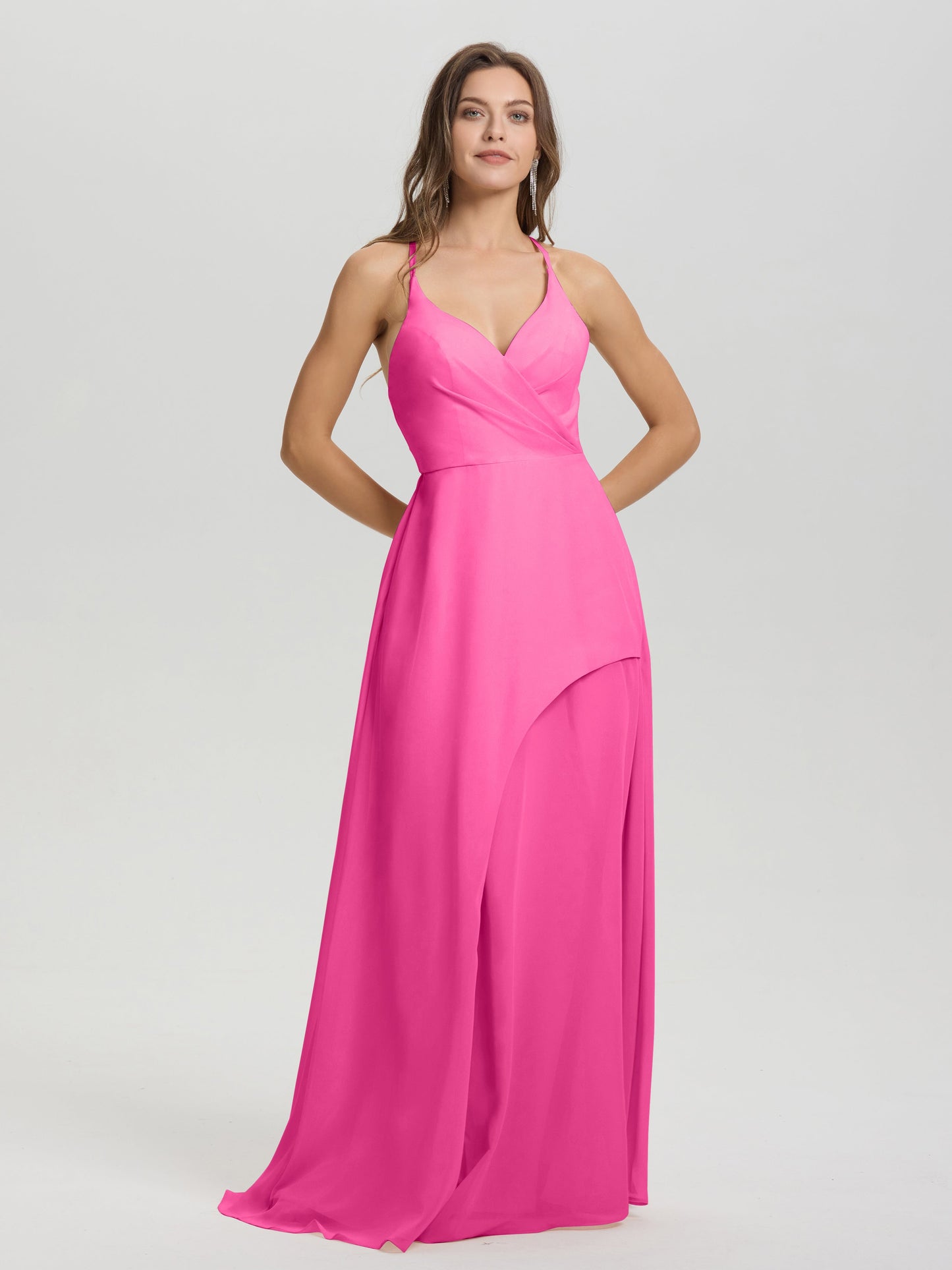 Straps V-Neck Open Back Long Chiffon Formal Bridesmaid Dress