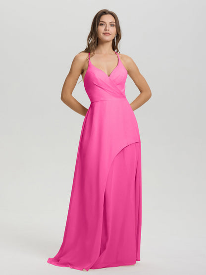 Straps V-Neck Open Back Long Chiffon Formal Bridesmaid Dress