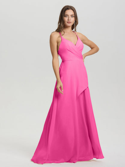 Straps V-Neck Open Back Long Chiffon Formal Bridesmaid Dress