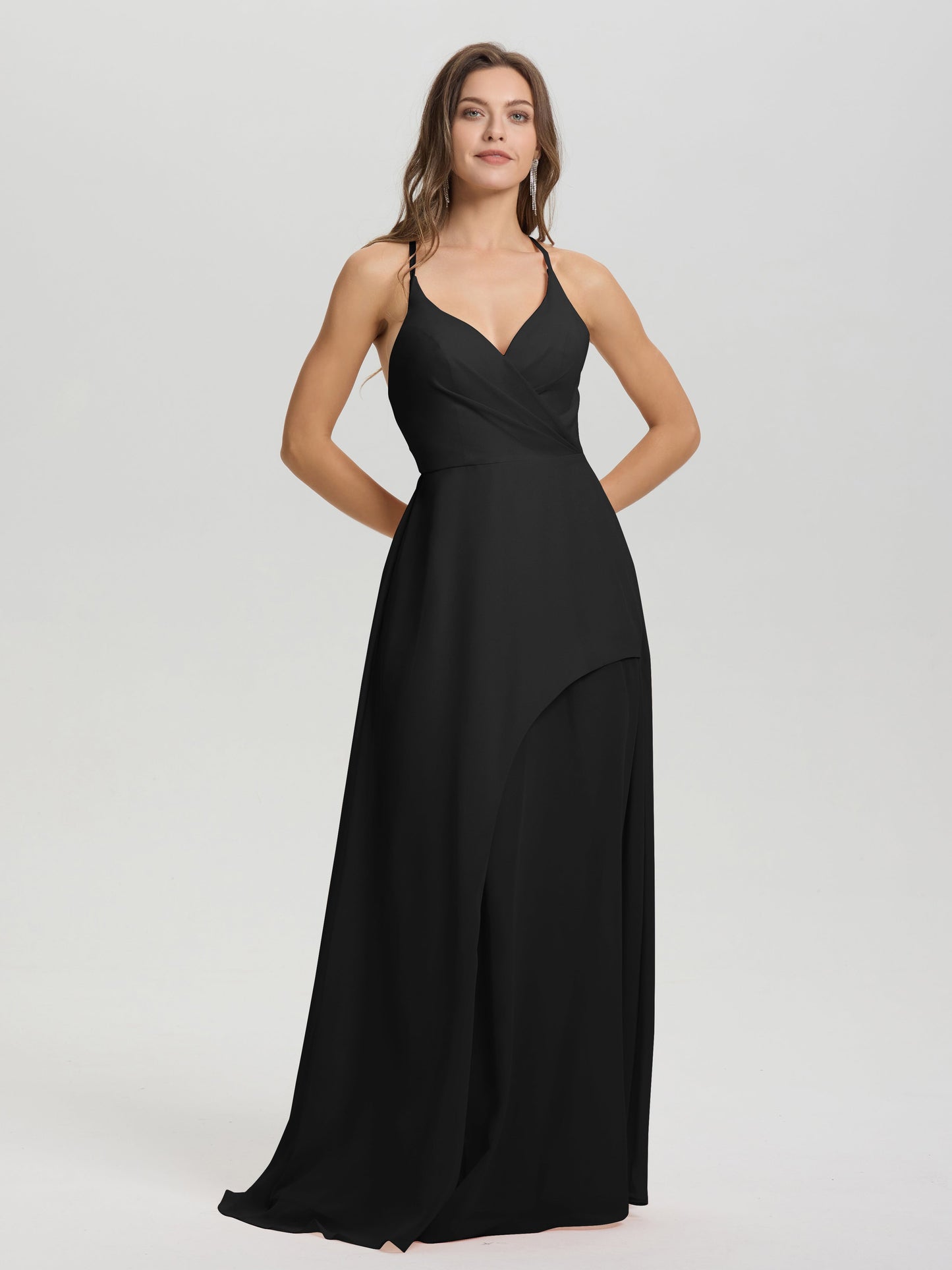 Straps V-Neck Open Back Long Chiffon Formal Bridesmaid Dress