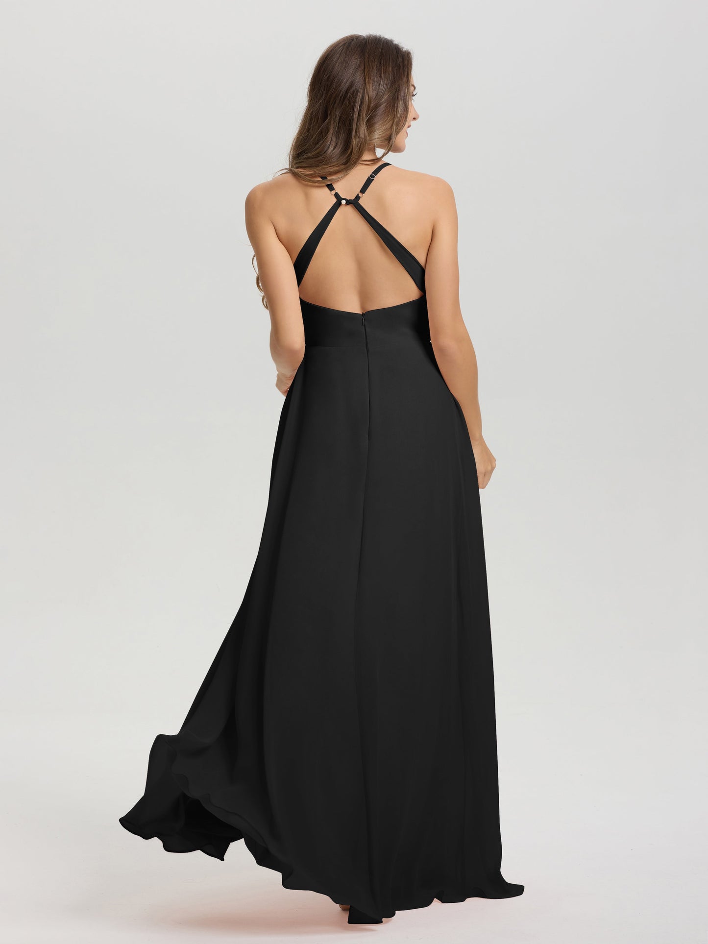 Straps V-Neck Open Back Long Chiffon Formal Bridesmaid Dress