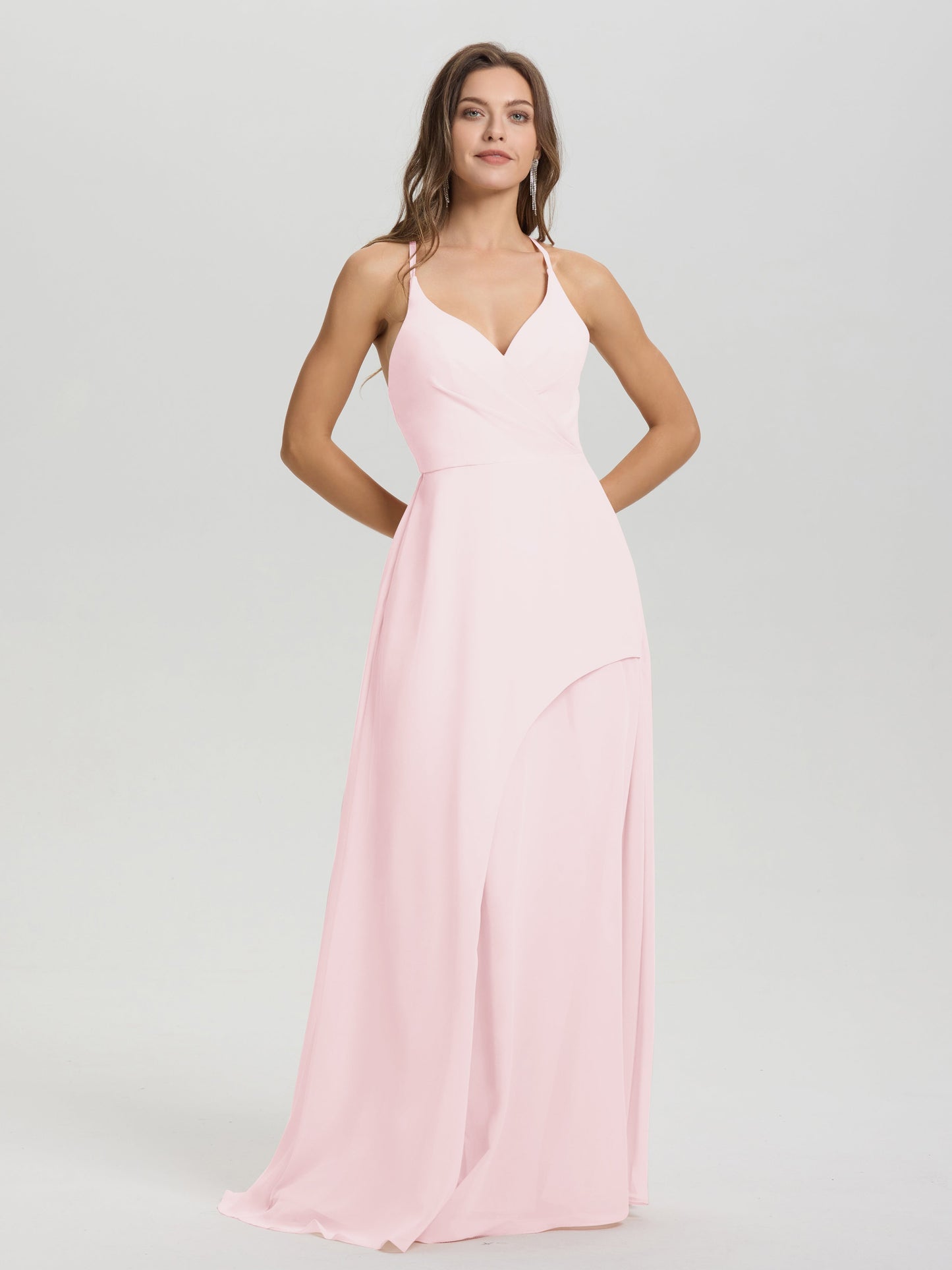 Straps V-Neck Open Back Long Chiffon Formal Bridesmaid Dress