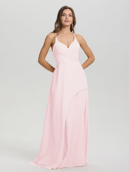 Straps V-Neck Open Back Long Chiffon Formal Bridesmaid Dress