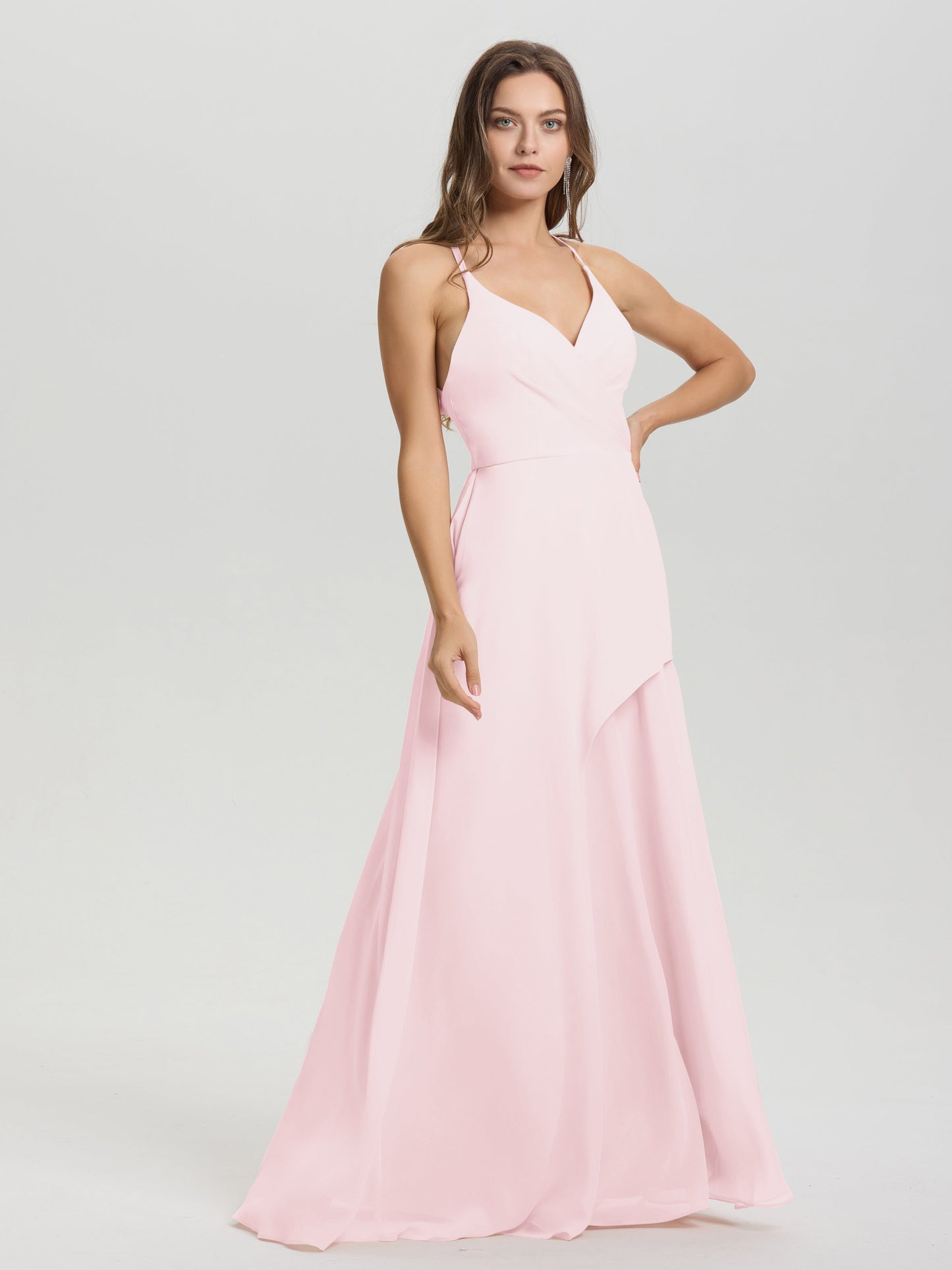 Straps V-Neck Open Back Long Chiffon Formal Bridesmaid Dress