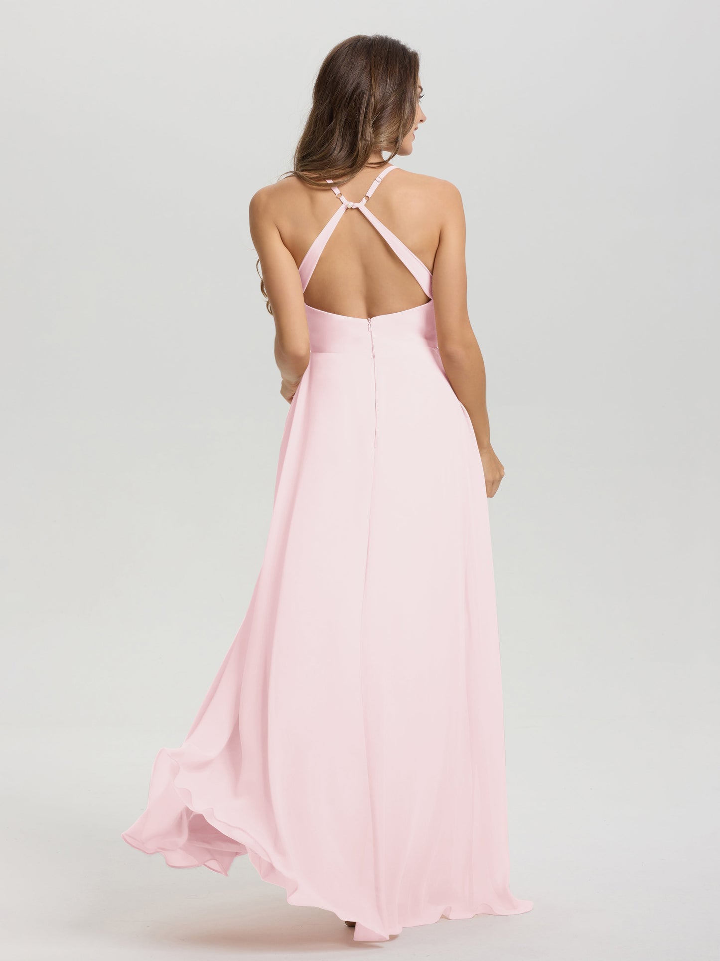 Straps V-Neck Open Back Long Chiffon Formal Bridesmaid Dress